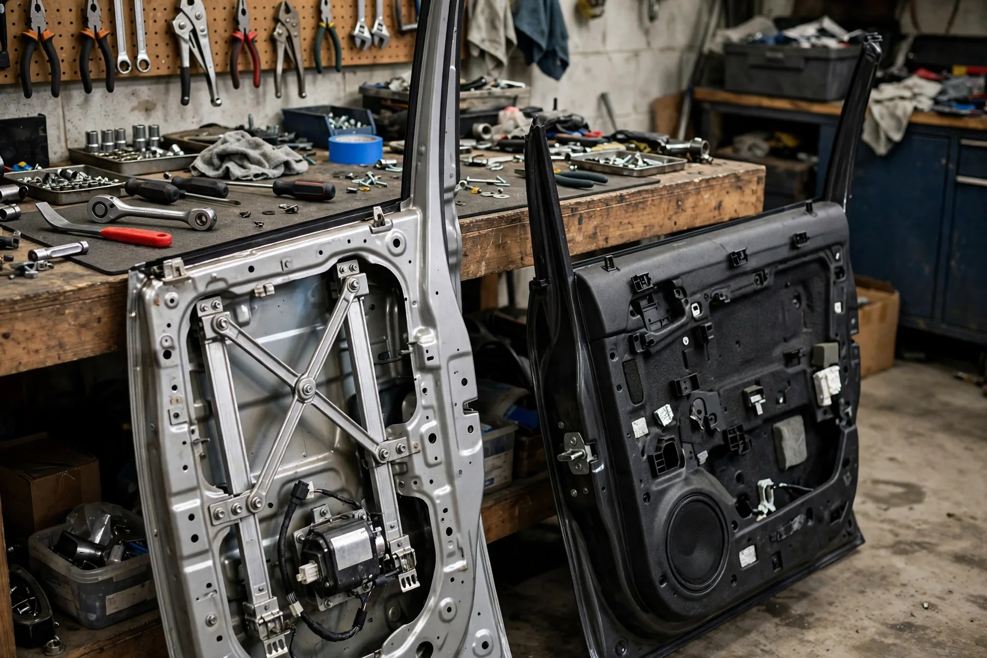 Car door with the panel removed showing the window regulator and motor