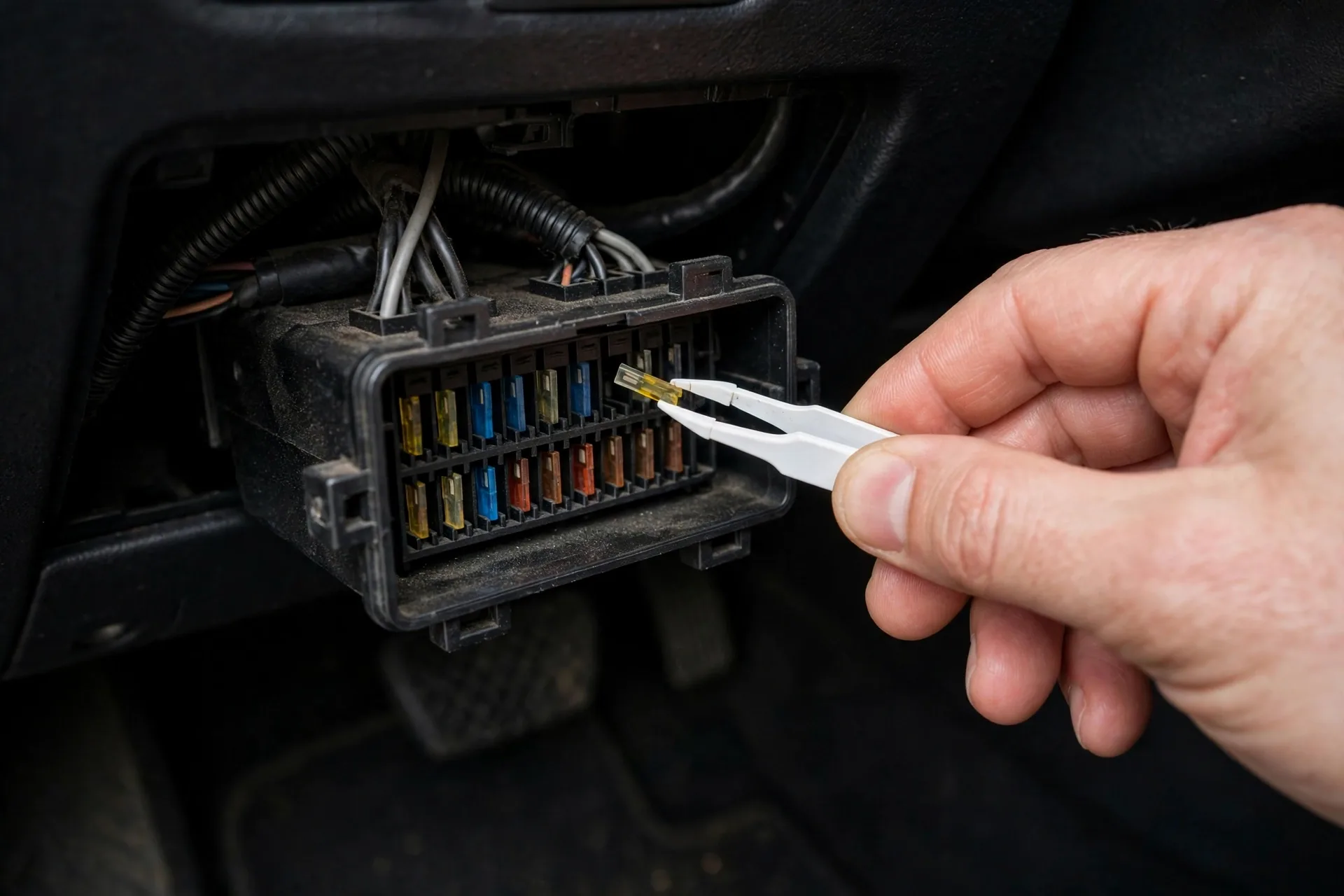 Checking a blade fuse in the fuse box with a fuse puller