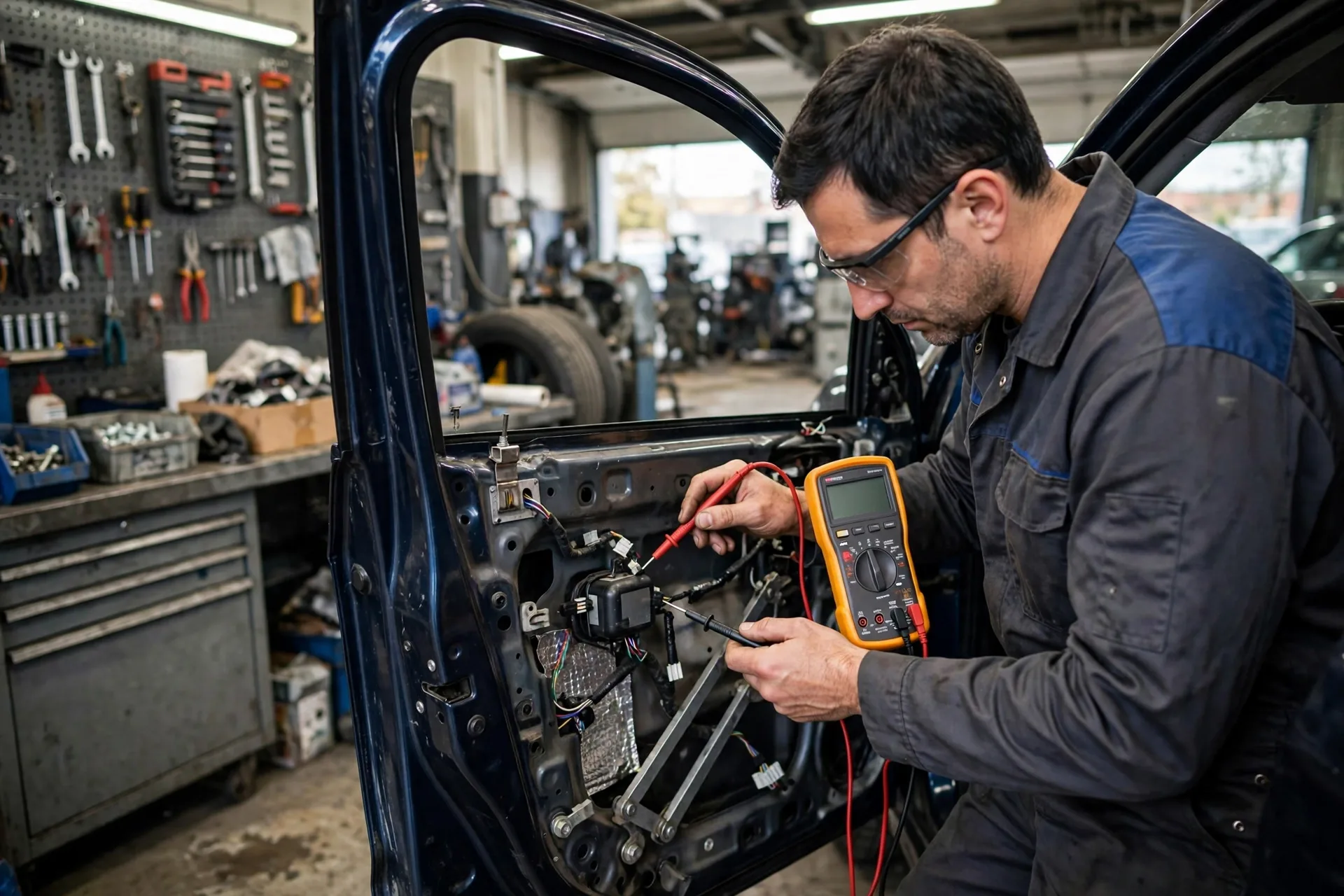 Mechanic testing a car window motor with a multimeter