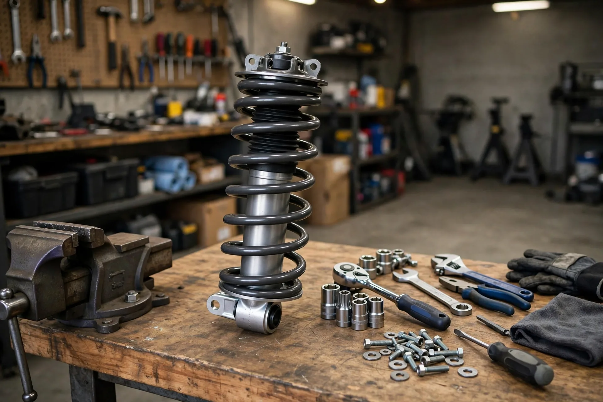 New complete strut assembly on a workbench