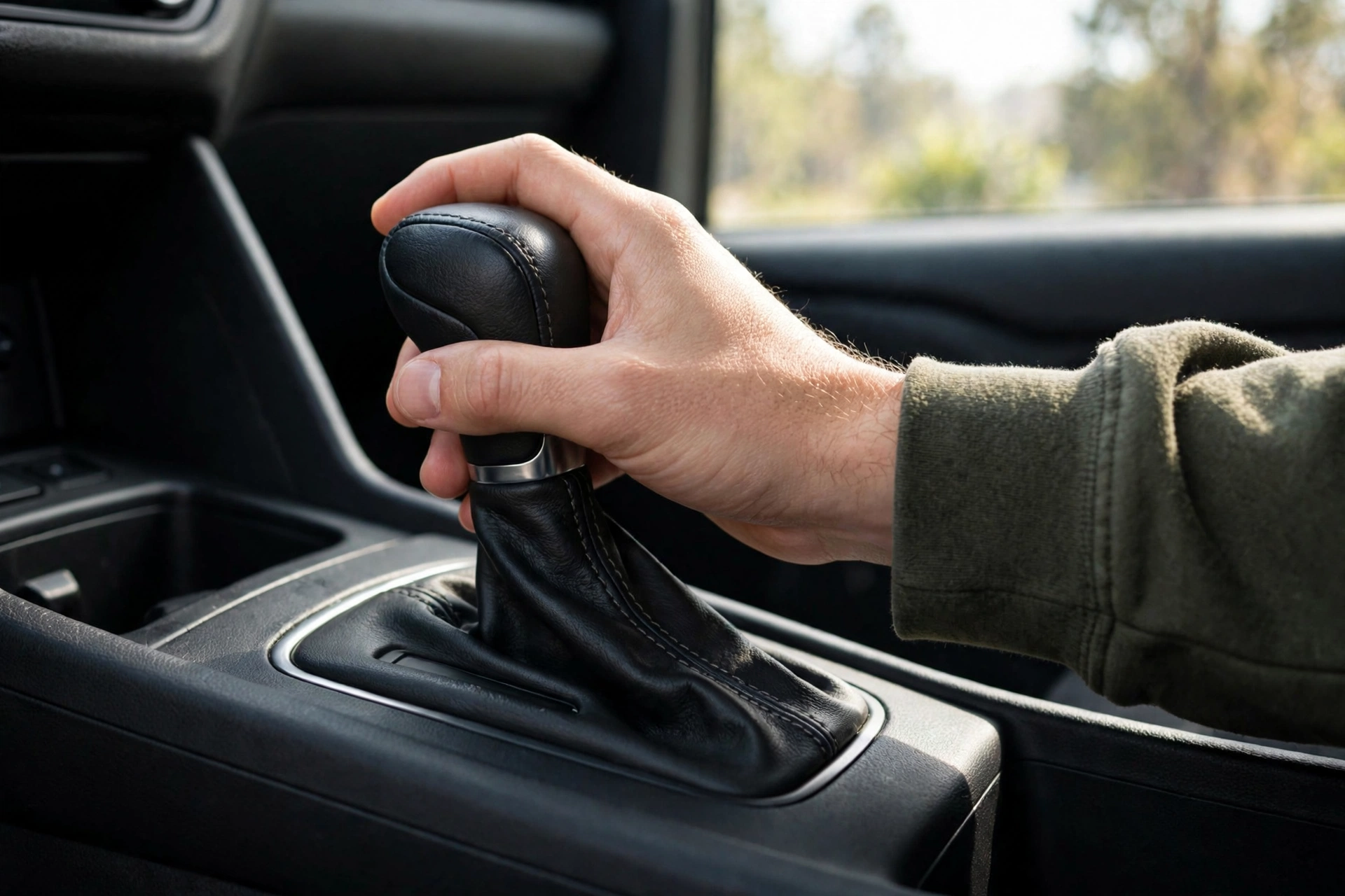 A hand resting on a gear shifter inside a car