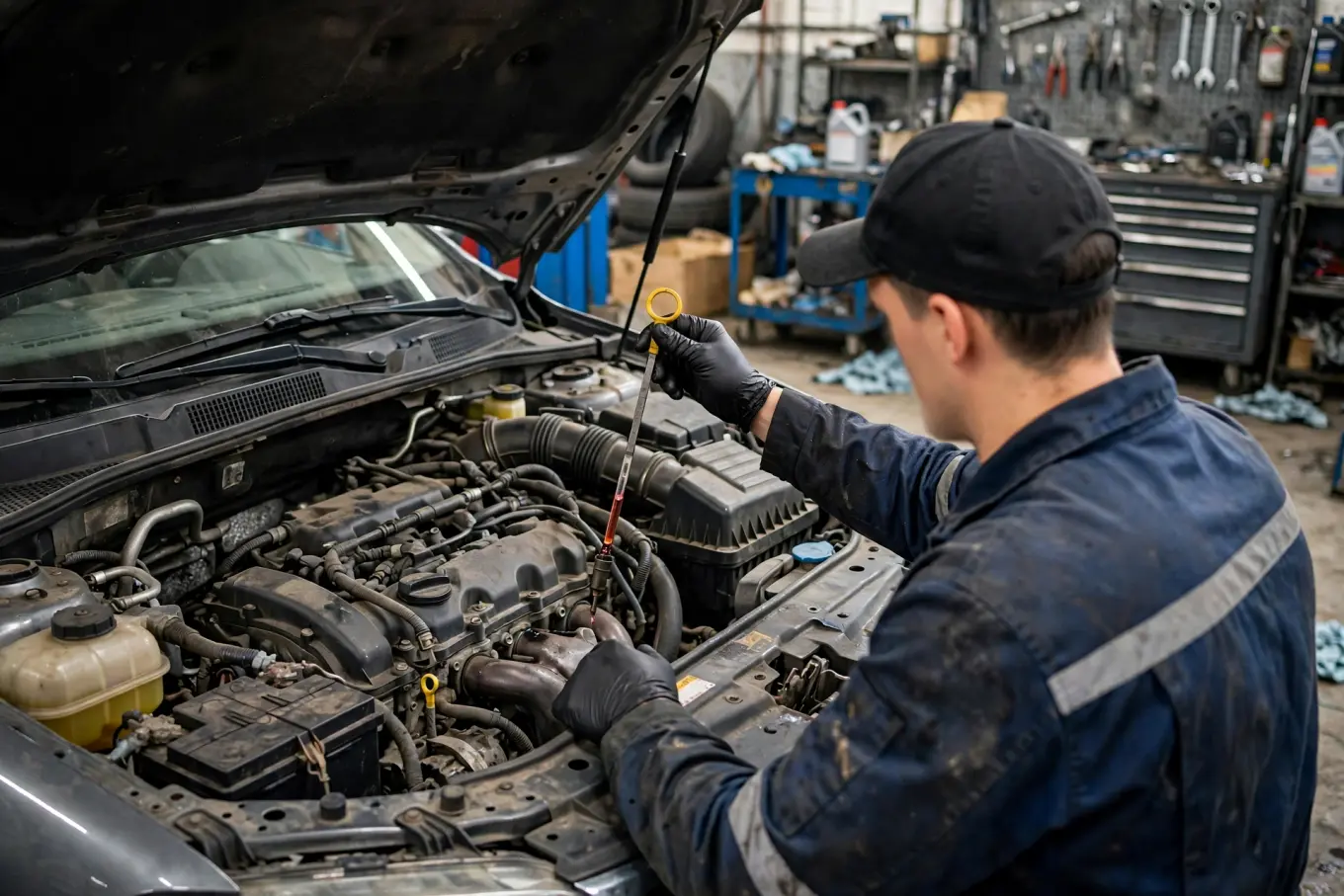 A mechanic checking a dipstick under the open hood of a car