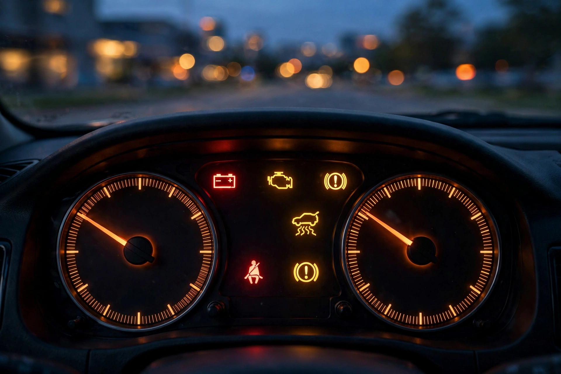 A dashboard with warning lights glowing at dusk