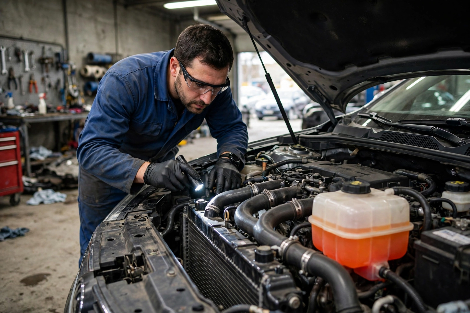 Mechanic inspecting a radiator and coolant reservoir