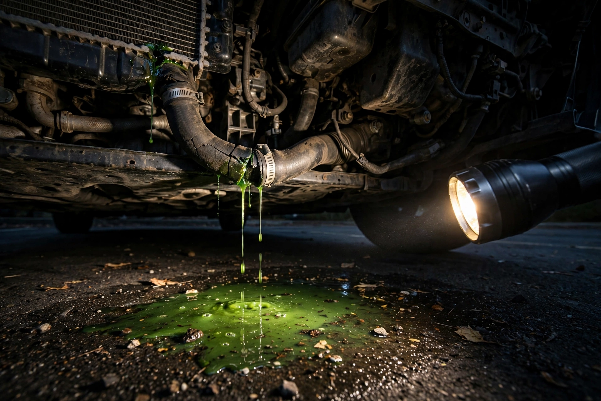 Green coolant dripping from a cracked radiator hose