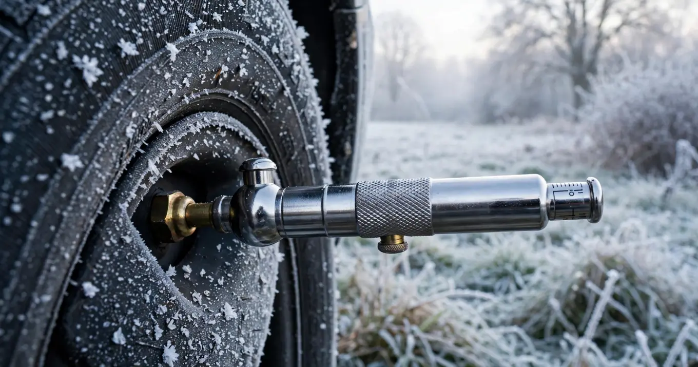 Tire pressure gauge on a valve stem in cold weather