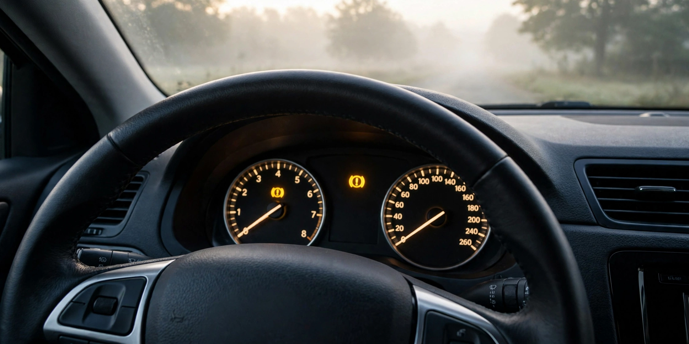 Driver's view of a dashboard with the TPMS warning light on