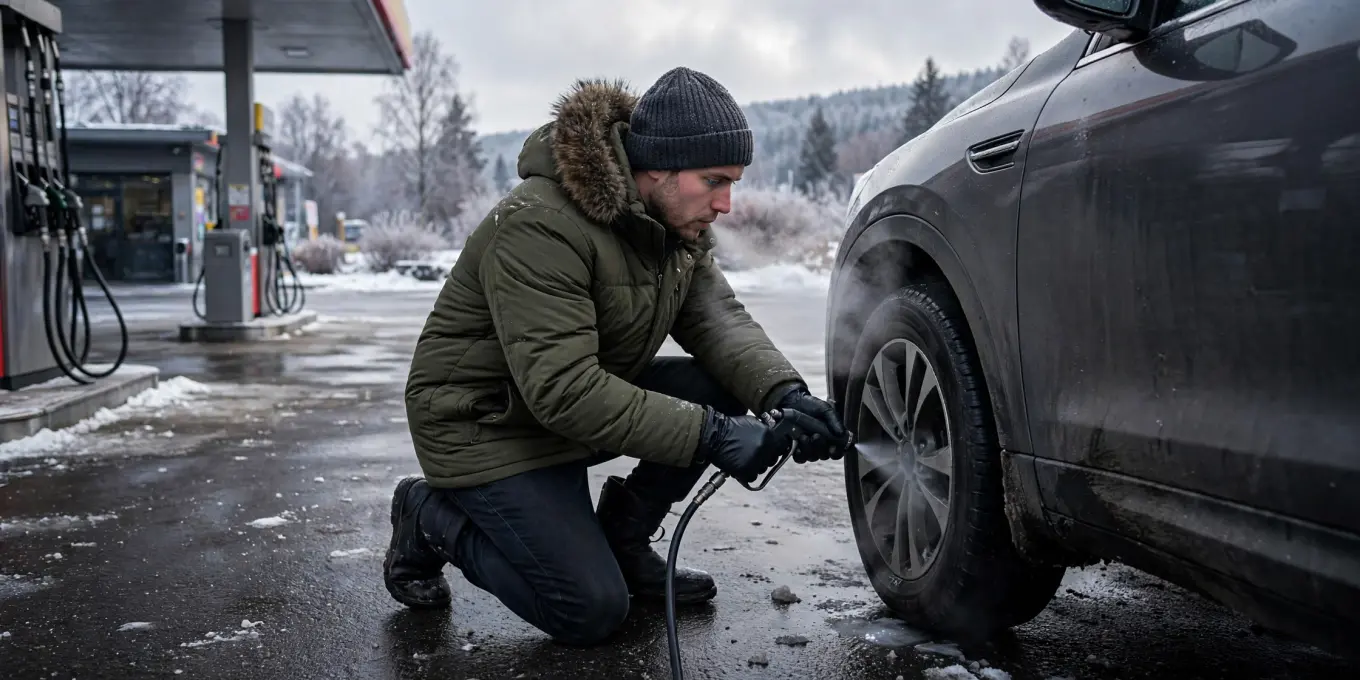 Adding air to a tire at a gas station on a cold morning