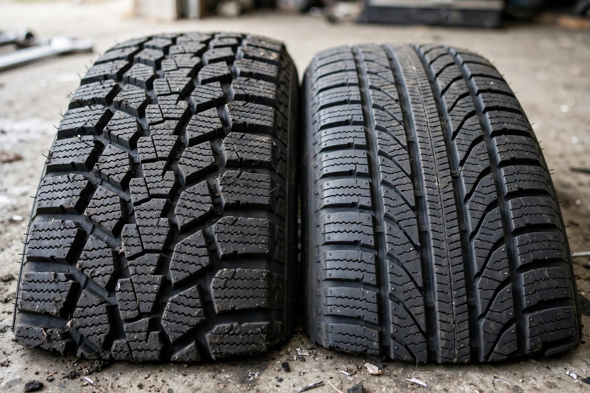 Winter tire tread compared against an all-season tire tread