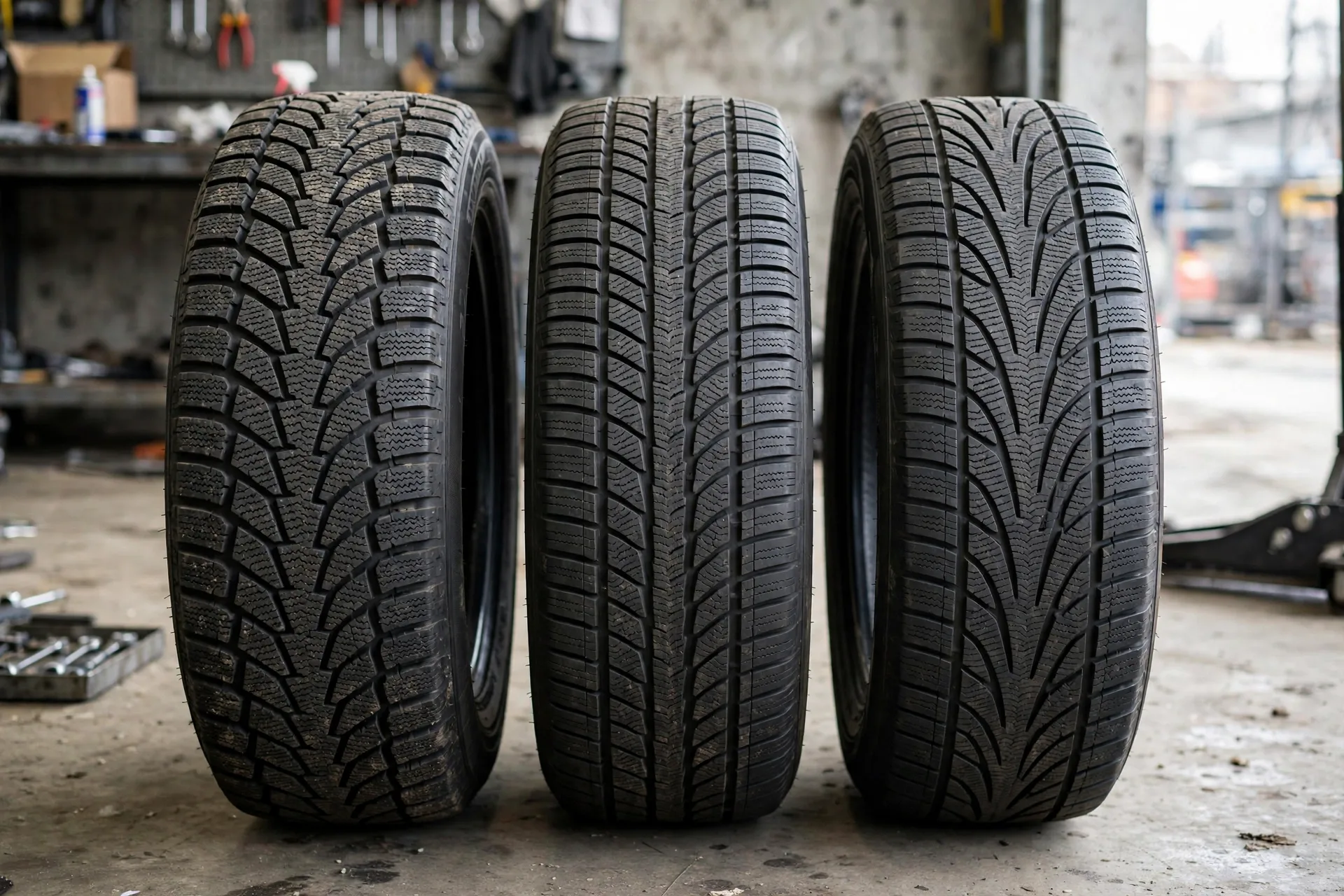 Winter, all-season and all-weather tires standing side by side
