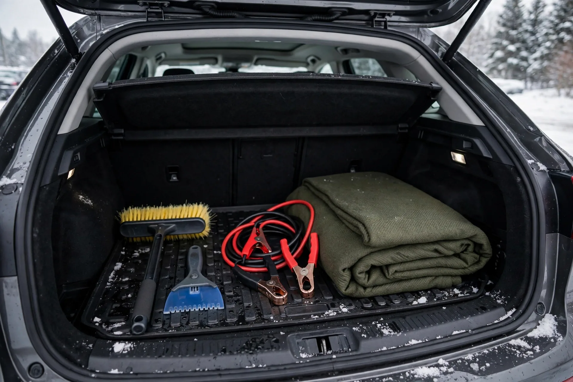 Winter emergency kit in an open car trunk with snow brush and jumper cables