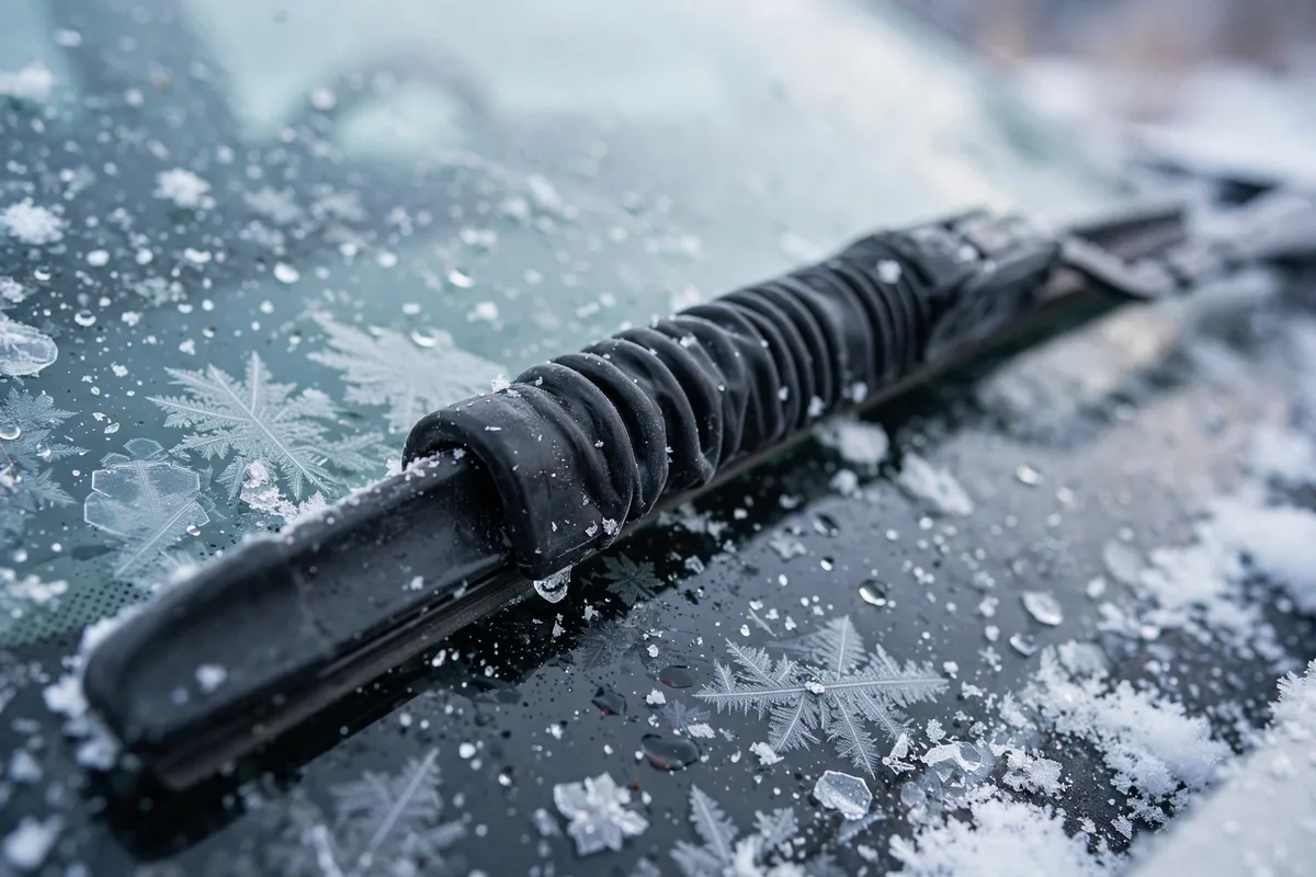 Winter wiper blade with rubber boot on a snowy windshield