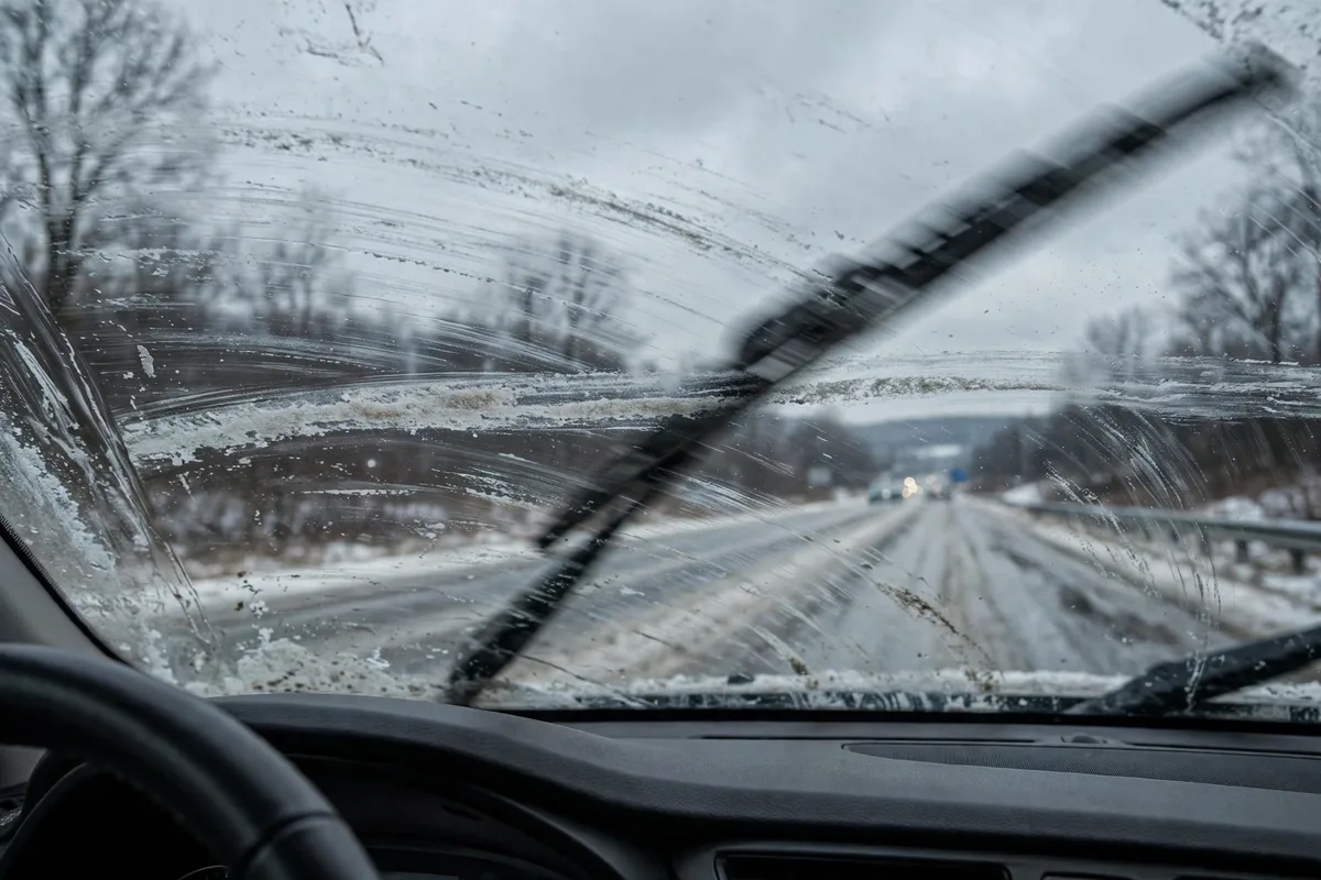 Salt-smeared streaky windshield on a winter highway